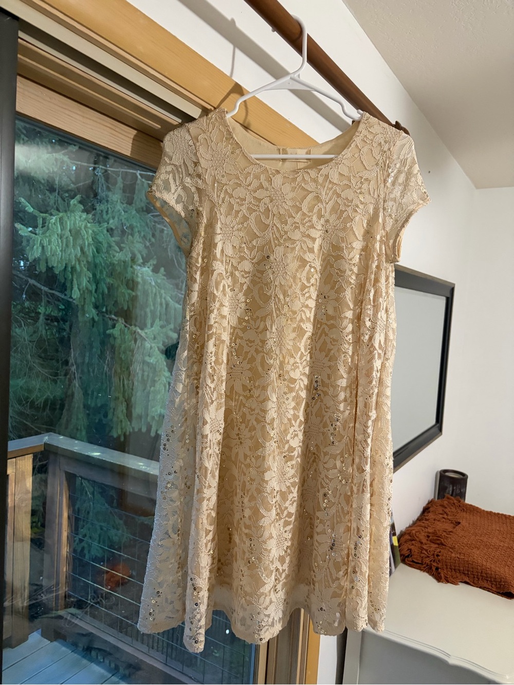 Lace A-Line Short Sleeve Dress in Champagne - Subtle Sequin Detail